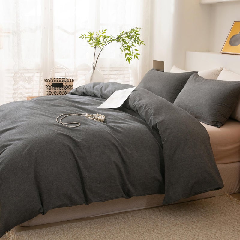 ECOCOTT Grey Duvet Cover King Size, 100% Washed Cotton 1 Duvet Cover with Zipper and 2 Pillowcases, Ultra Soft and Easy Care Breathable Cozy Simple Style Bedding Set (Dark Grey) - Image 5